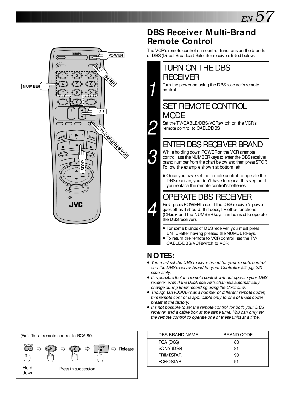 JVC HR-DD840U manual Turn on the DBS, SET Remote Control, DBS Receiver Multi-Brand Remote Control 