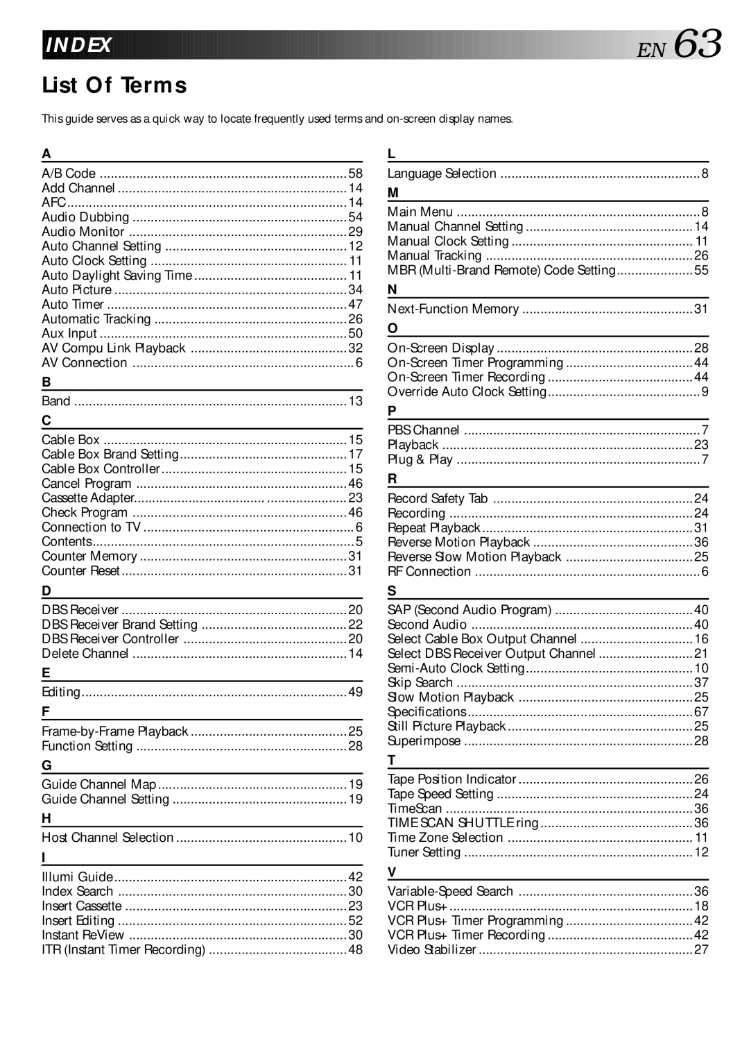 JVC HR-DD840U manual Index, List Of Terms, MBR Multi-Brand Remote Code Setting, Select DBS Receiver Output Channel 