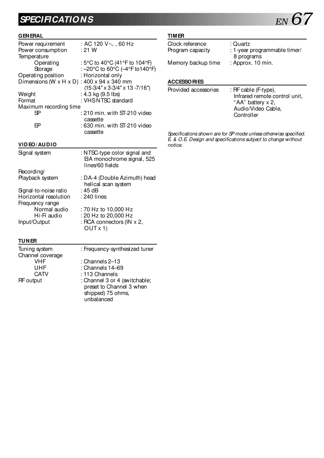 JVC HR-DD840U manual Specifications 