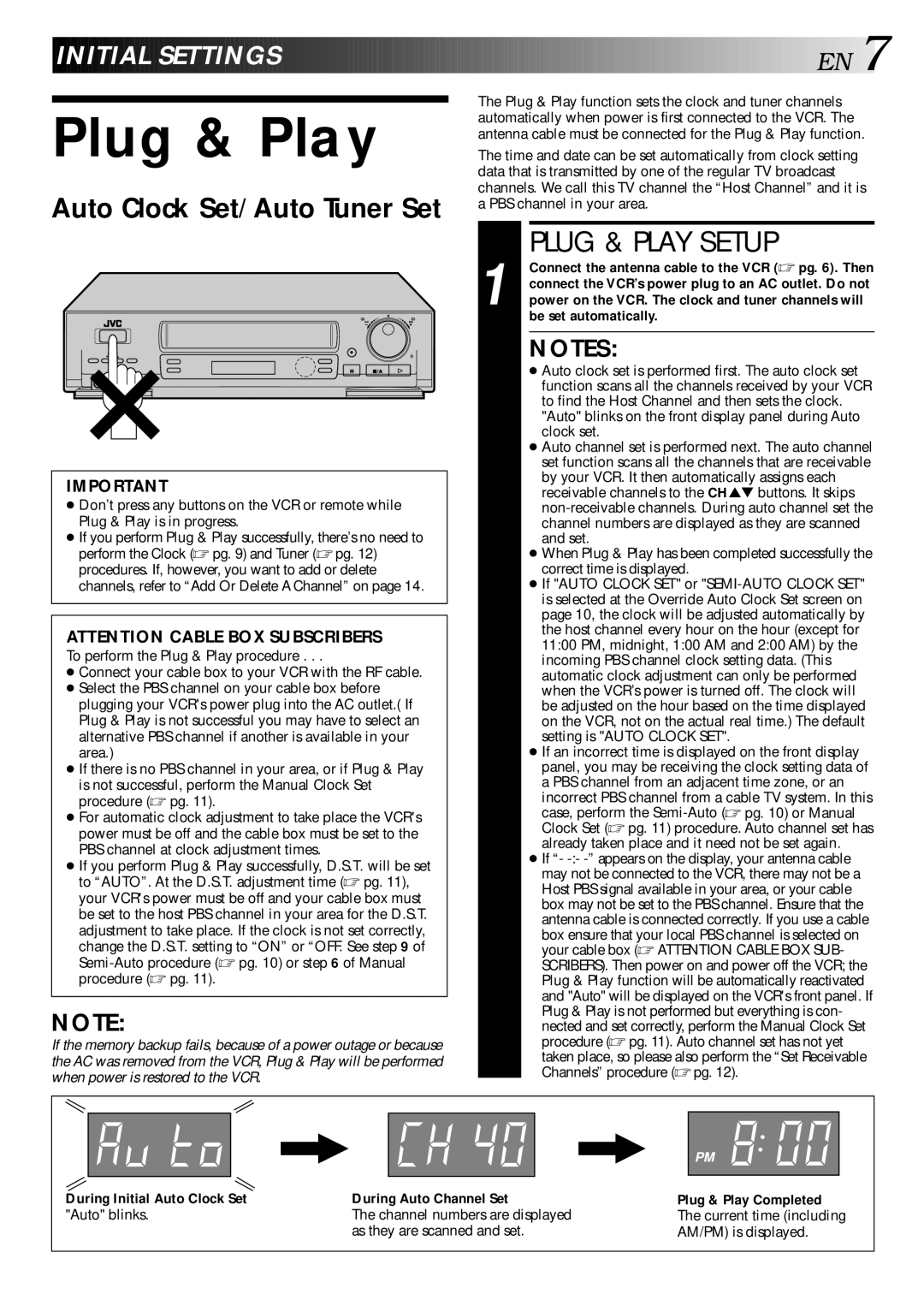 JVC HR-DD840U manual Plug & Play Setup, Initial Settings, Auto Clock Set/Auto Tuner Set 