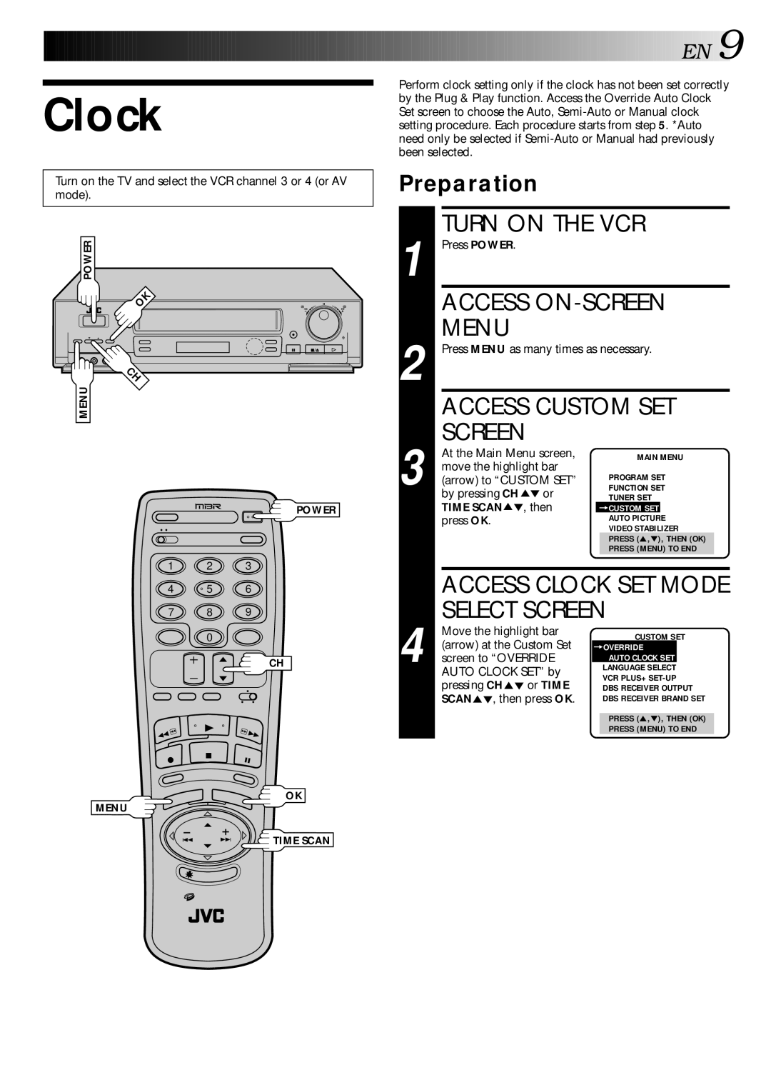 JVC HR-DD840U manual Clock, Select Screen, Preparation, Time Scan 5, then 