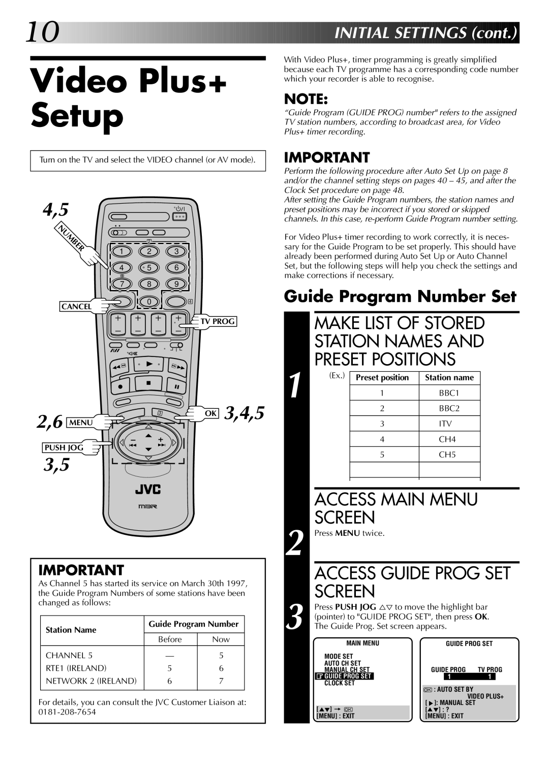 JVC HR-DD845EK setup guide Video Plus+ Setup, Make List of Stored Station Names Preset Positions, Guide Program Number Set 