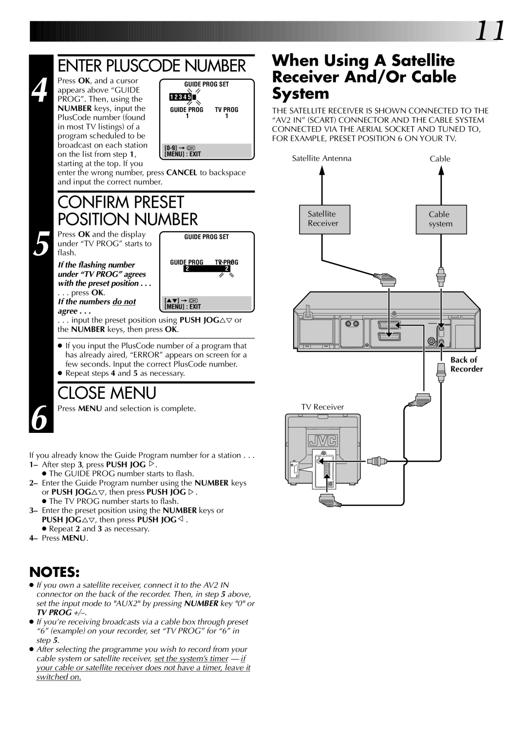 JVC HR-DD845EK Confirm Preset Position Number, Close Menu, When Using a Satellite Receiver And/Or Cable System, Press Menu 