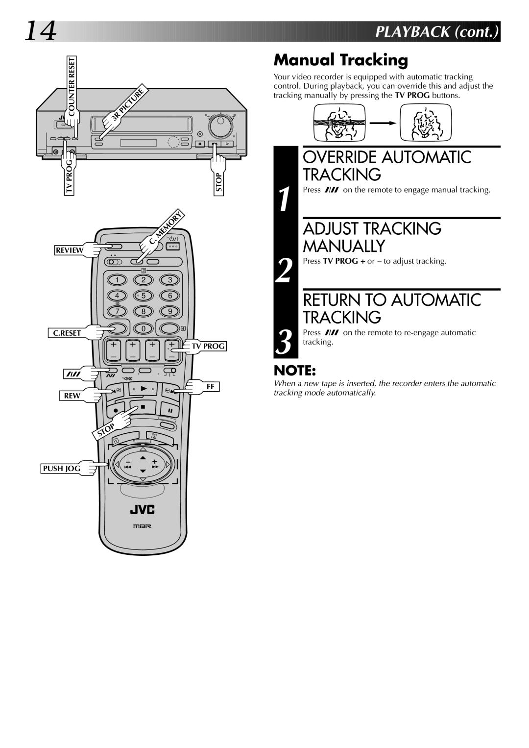 JVC HR-DD845EK setup guide Override Automatic Tracking, Adjust Tracking, Manually, Return to Automatic, Manual Tracking 