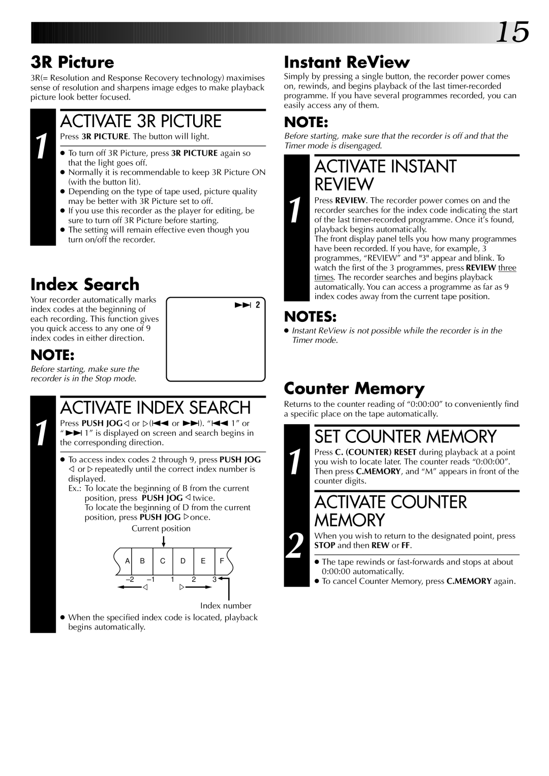 JVC HR-DD845EK Activate 3R Picture, Activate Index Search, Activate Instant Review, SET Counter Memory, Activate Counter 