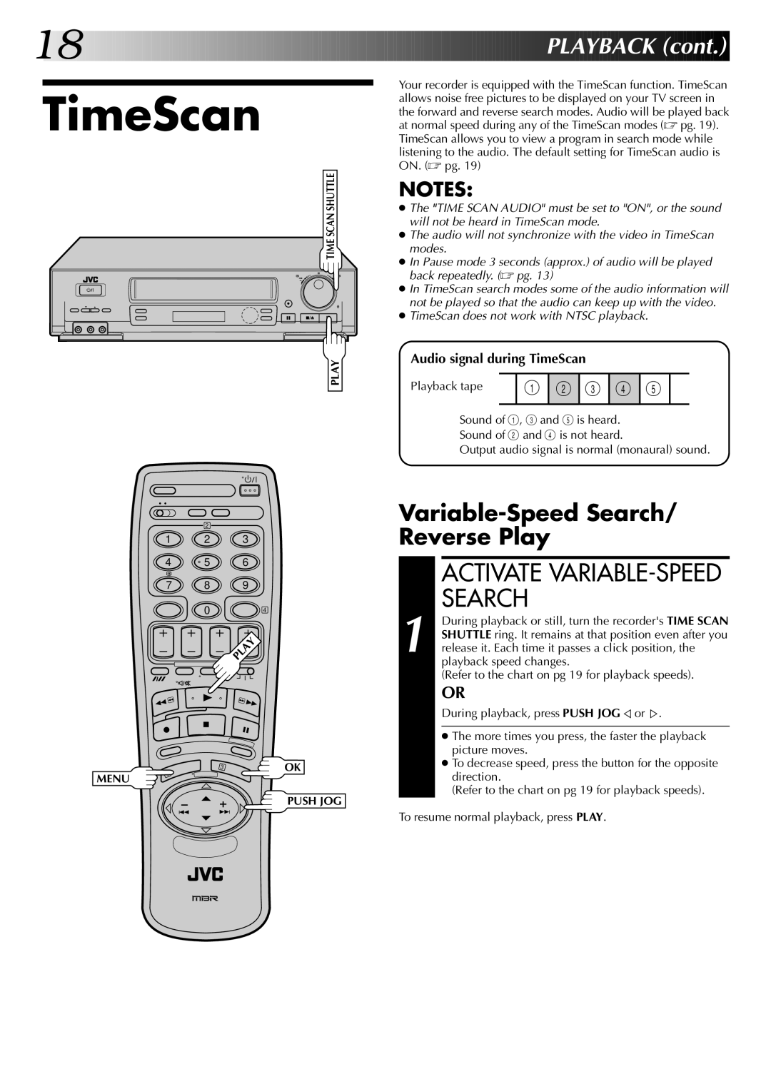 JVC HR-DD845EK setup guide Variable-Speed Search/ Reverse Play, Audio signal during TimeScan 