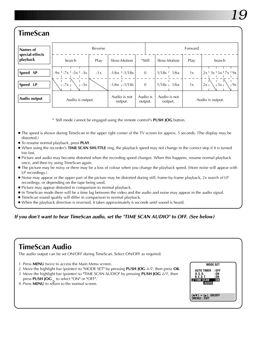 JVC HR-DD845EK setup guide TimeScan Audio, Speed SP Speed LP Audio output 