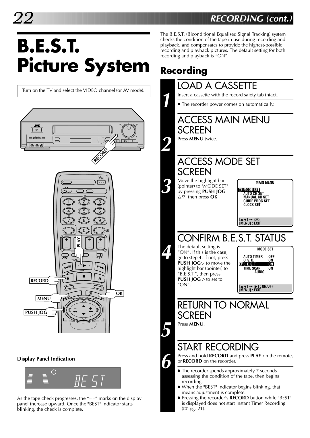 JVC HR-DD845EK setup guide S.T. Picture System, Recording, Display Panel Indication 