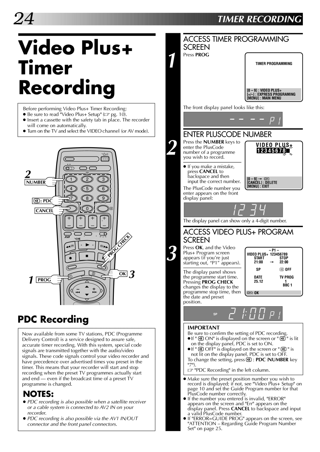 JVC HR-DD845EK setup guide Video Plus+ Timer Recording, PDC Recording, Press Prog 