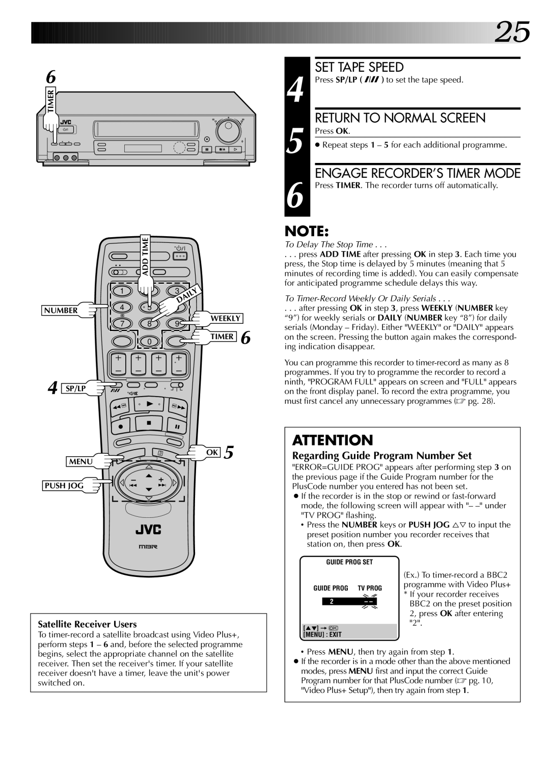 JVC HR-DD845EK setup guide Satellite Receiver Users, If your recorder receives, Press OK after entering 