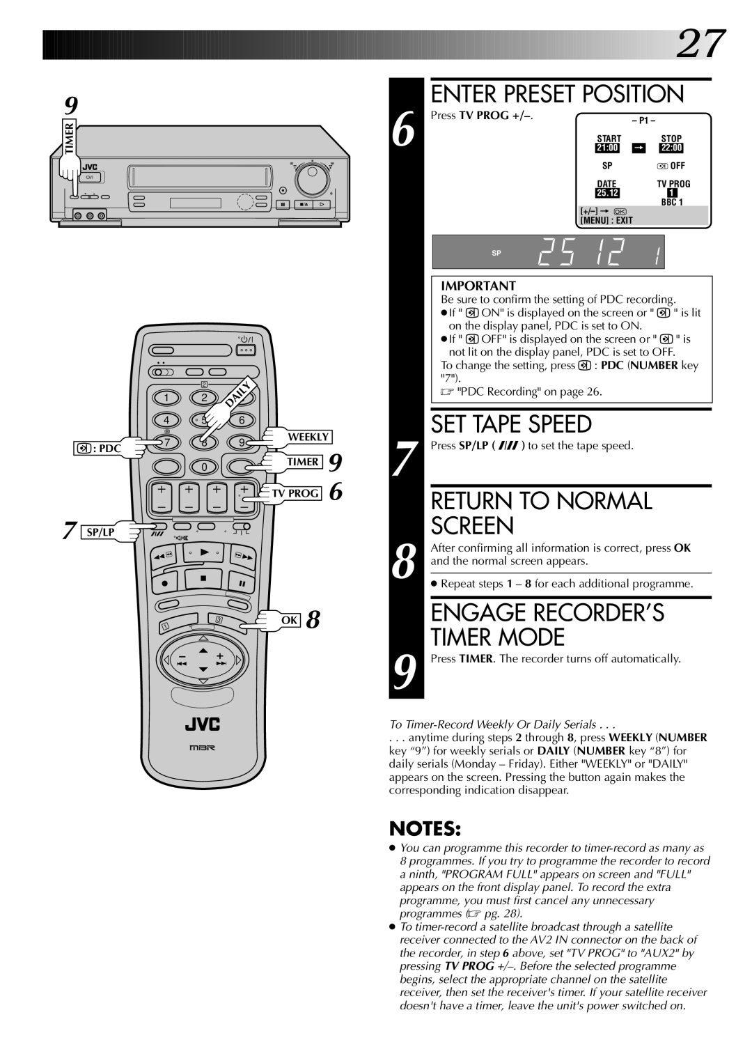 JVC HR-DD845EK setup guide Return to Normal, Screen, Engage RECORDER’S, Timer Mode, Press TV Prog + 