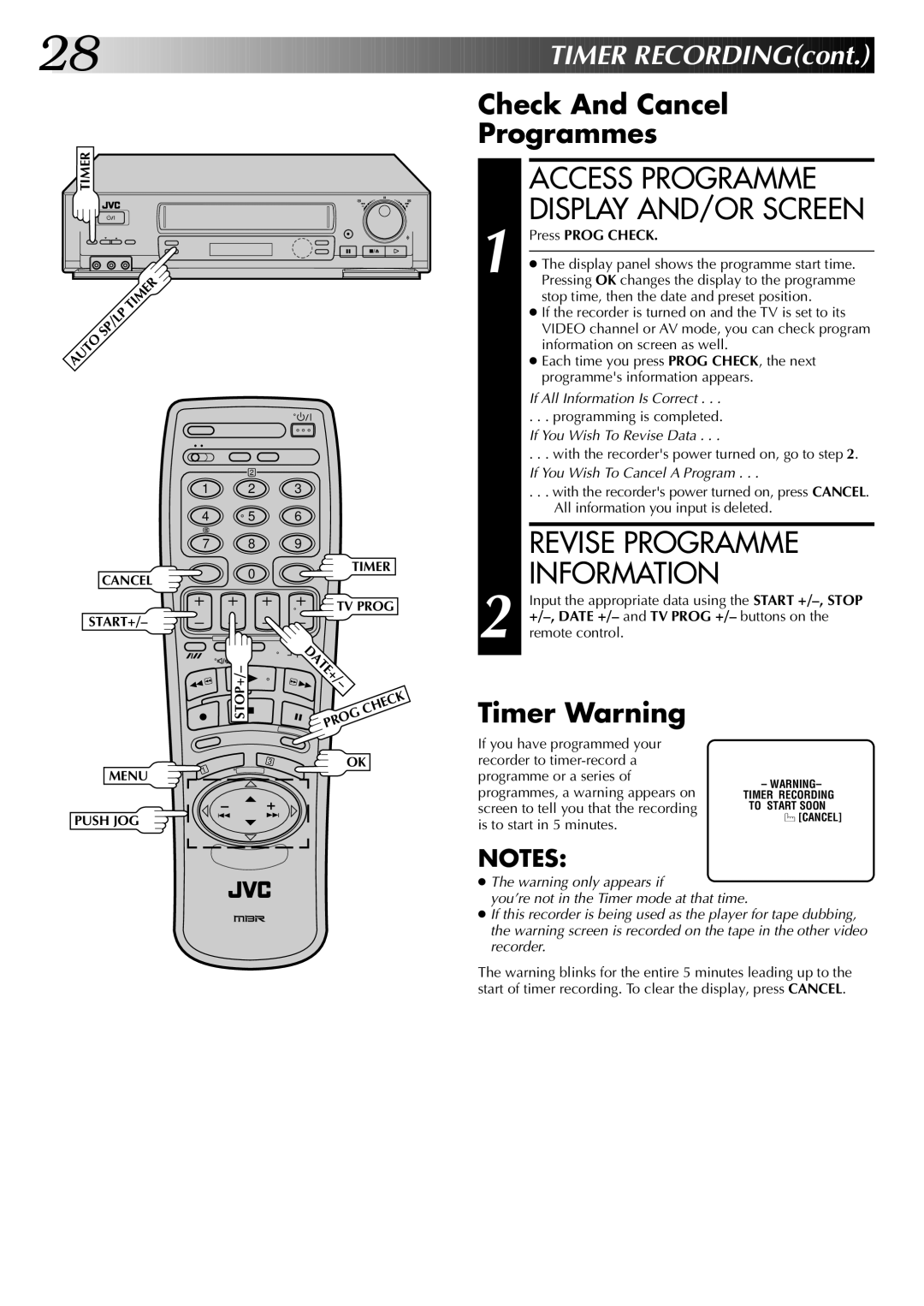 JVC HR-DD845EK setup guide Access Programme, Revise Programme, Information, Check And Cancel Programmes, Timer Warning 