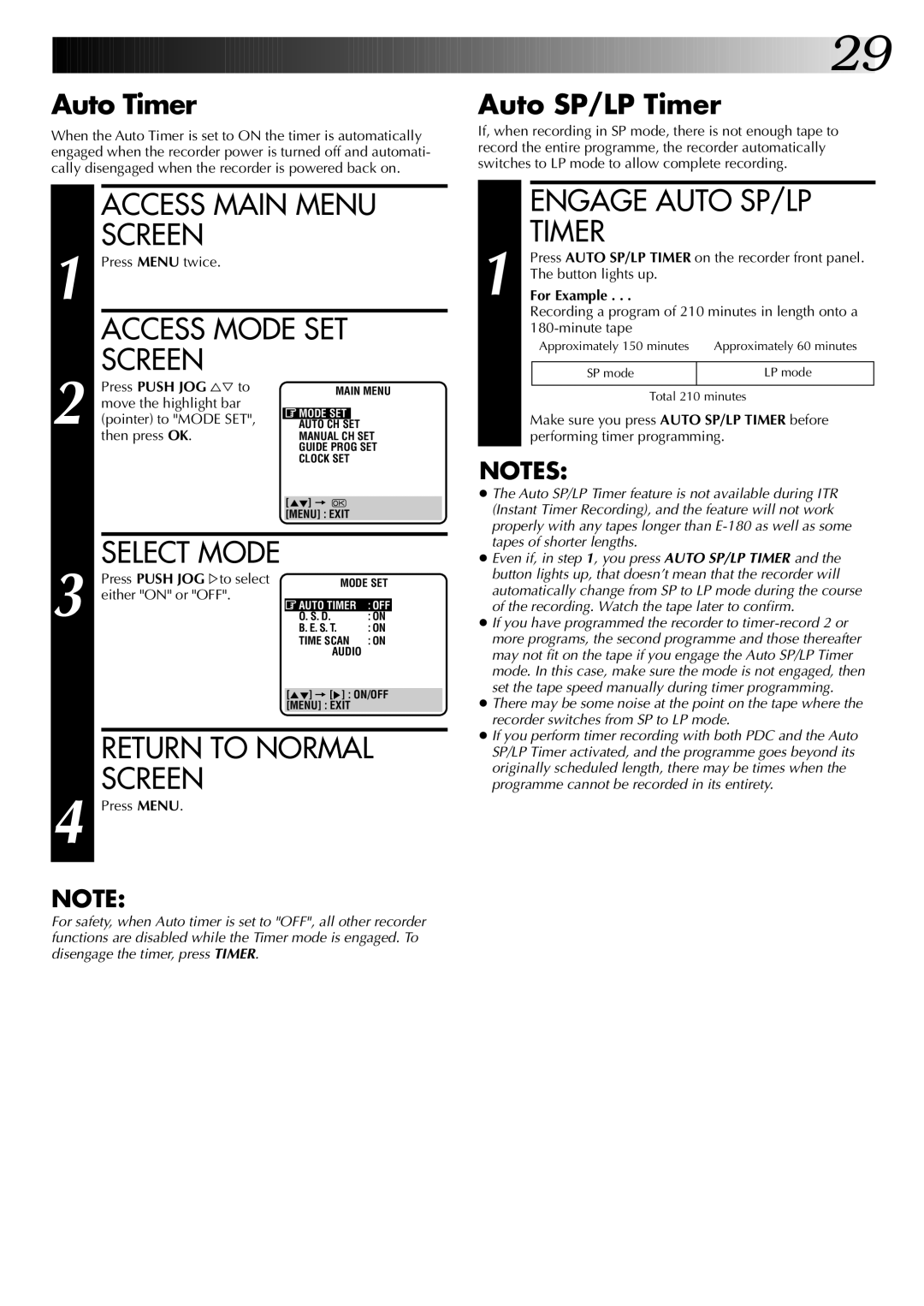 JVC HR-DD845EK setup guide Access Main Menu Screen, Engage Auto SP/LP, Auto Timer, Auto SP/LP Timer 