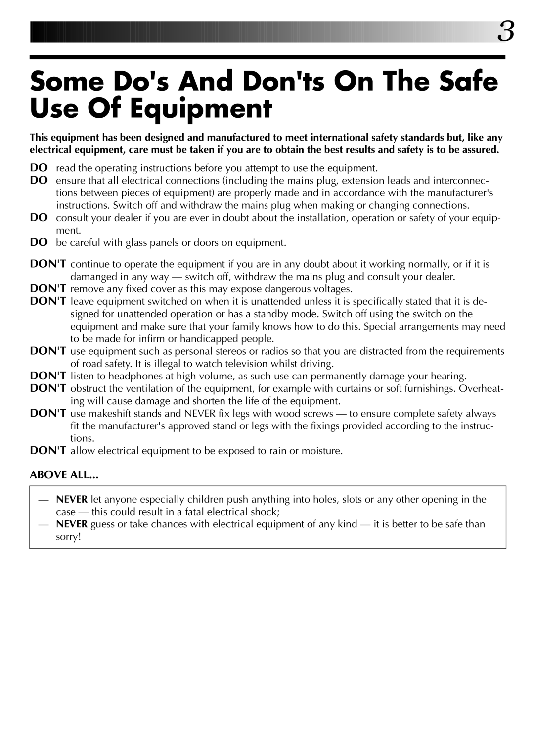 JVC HR-DD845EK setup guide Some Dos And Donts On The Safe Use Of Equipment 