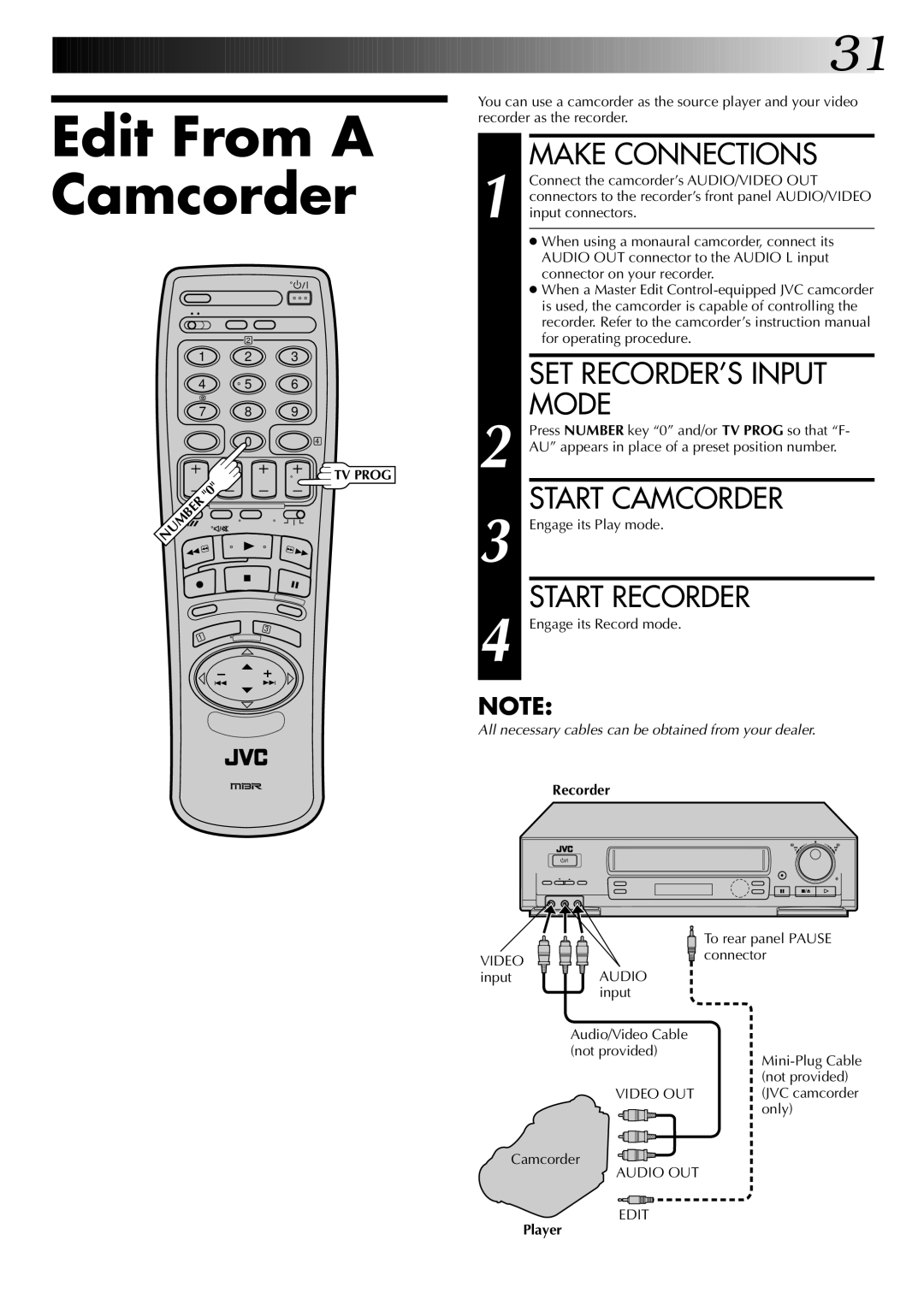 JVC HR-DD845EK setup guide Edit From a Camcorder, SET RECORDER’S Input Mode, Start Camcorder, Start Recorder 