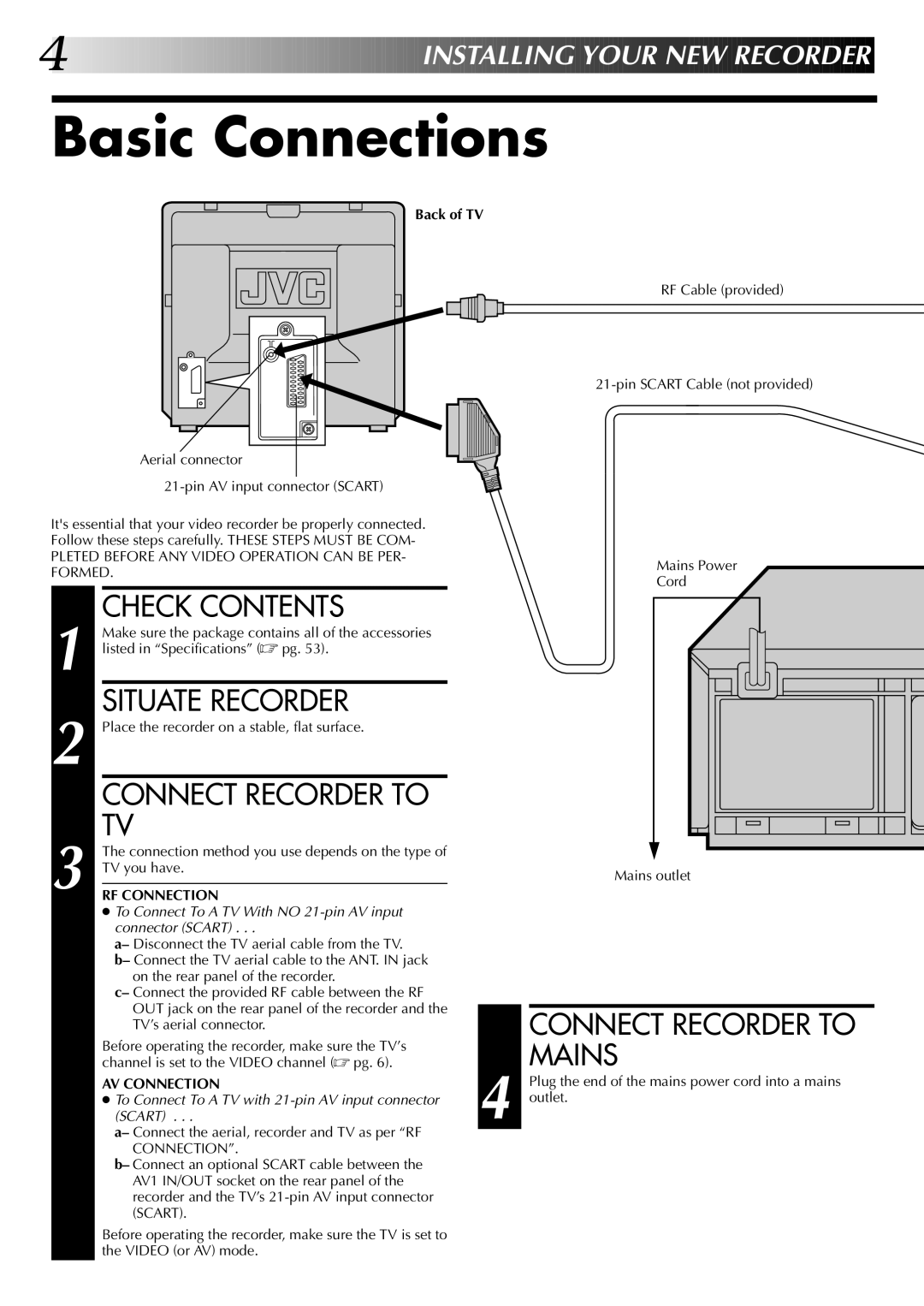 JVC HR-DD845EK setup guide Basic Connections, Check Contents, Situate Recorder, Connect Recorder to Mains, Back of TV 