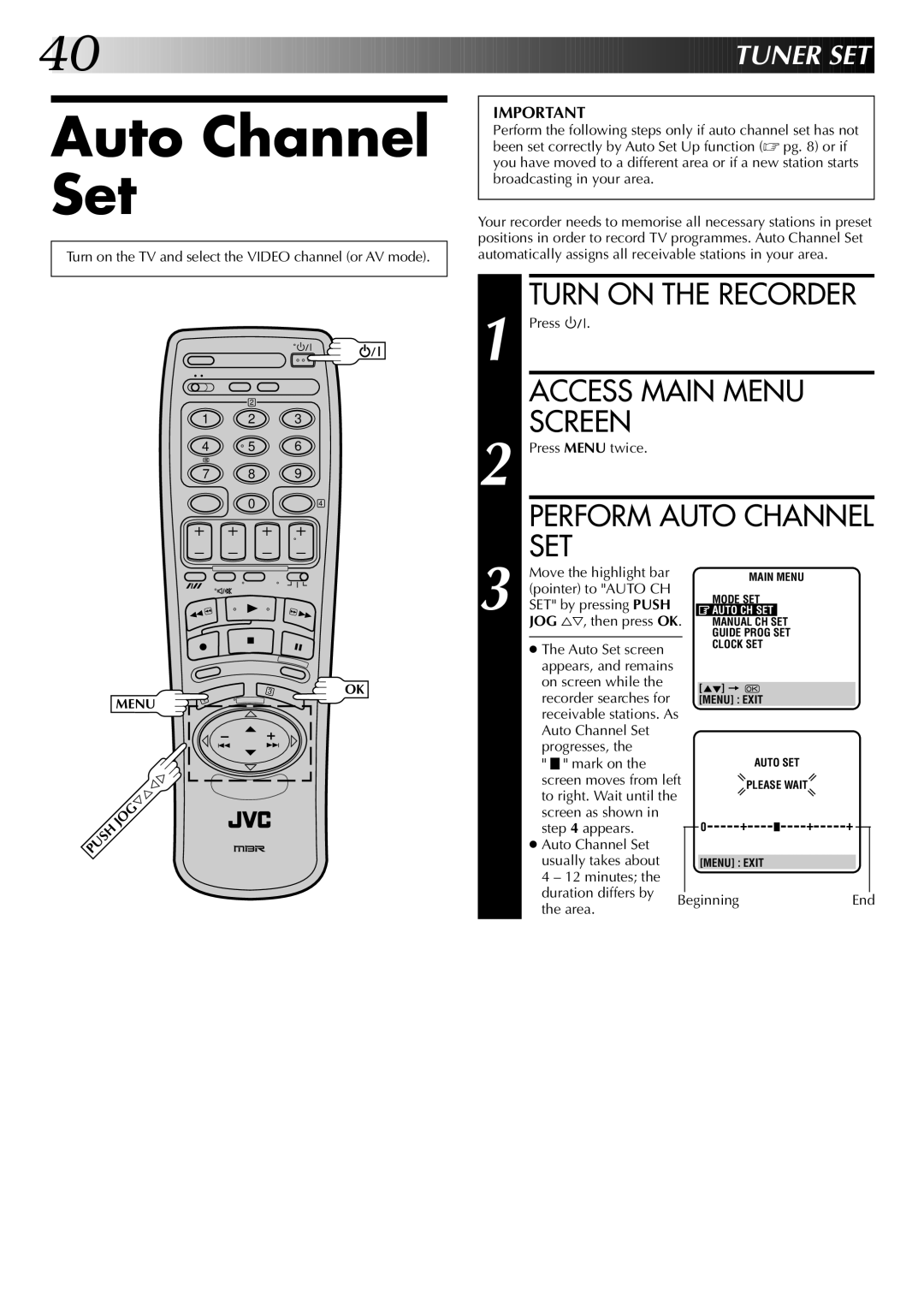 JVC HR-DD845EK setup guide Auto Channel Set, Perform Auto Channel SET 