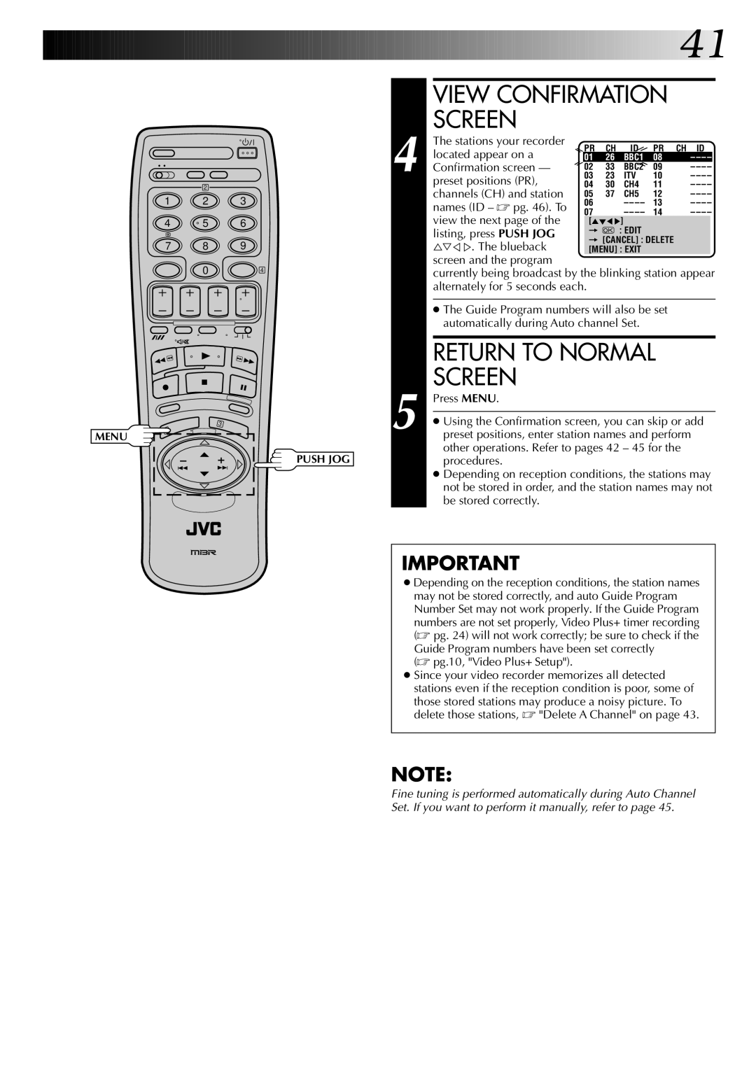 JVC HR-DD845EK Stations your recorder, Located appear on a, Confirmation screen, Preset positions PR, The blueback 