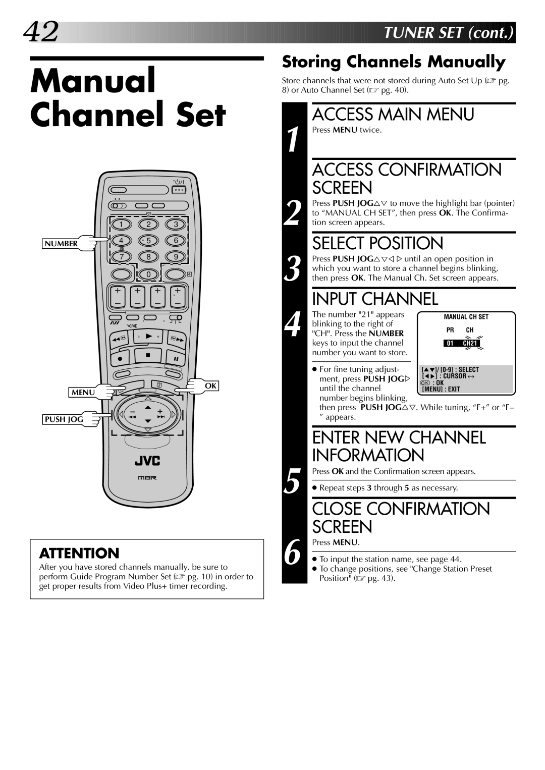 JVC HR-DD845EK setup guide Manual Channel Set, Access Confirmation, Select Position, Input Channel, Enter NEW Channel 