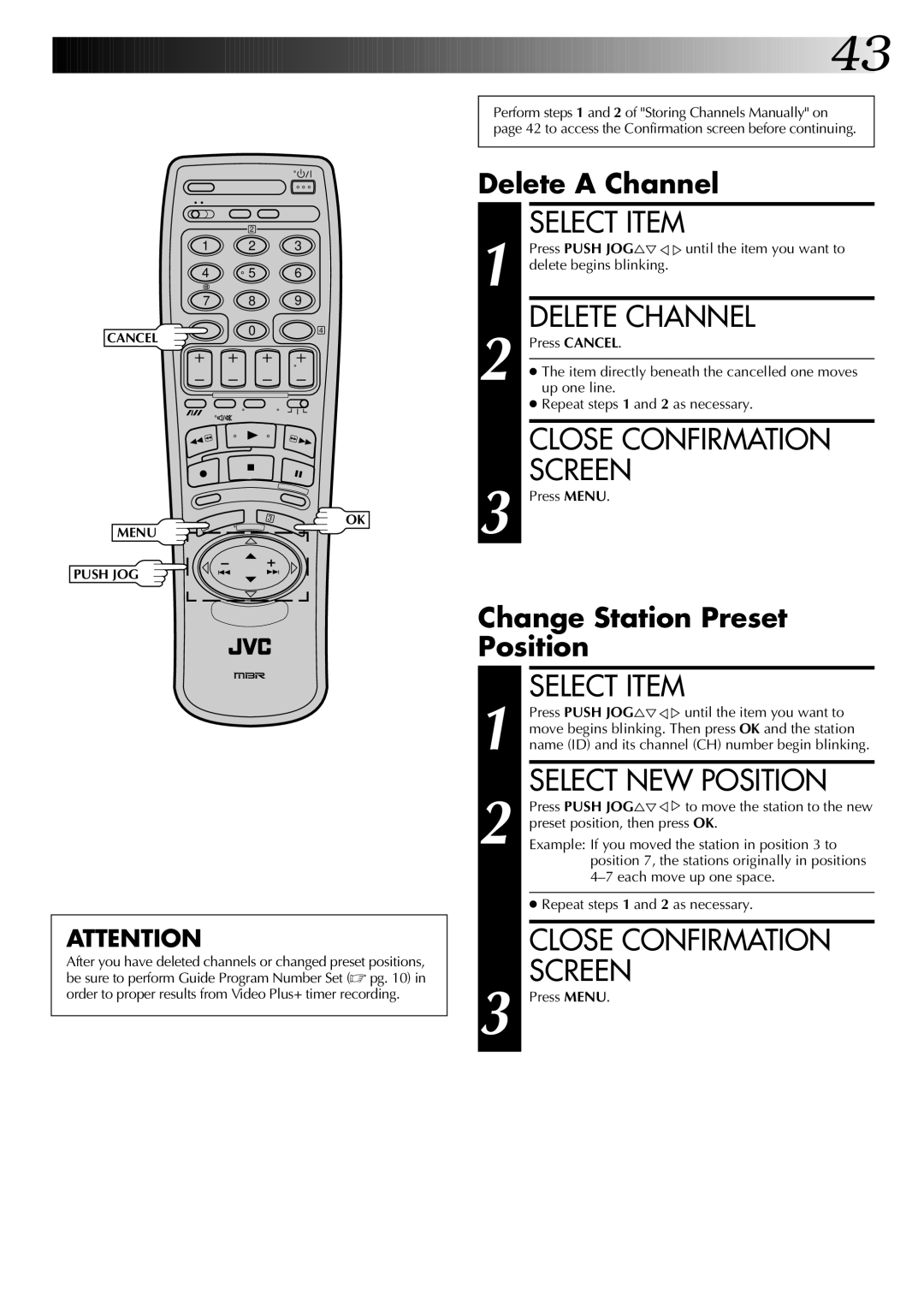 JVC HR-DD845EK setup guide Select Item, Delete Channel, Close Confirmation, Select NEW Position 