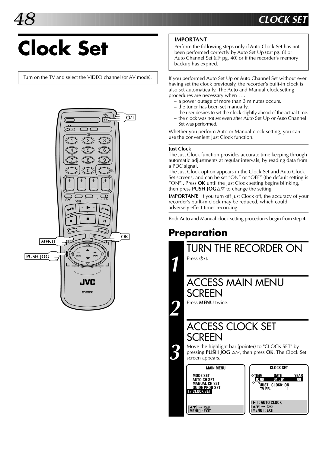 JVC HR-DD845EK setup guide Clock Set, Turn the Recorder on, Preparation 