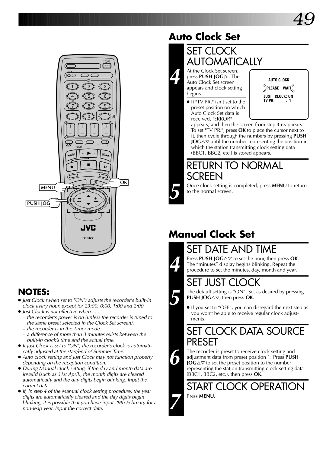 JVC HR-DD845EK setup guide SET Clock, SET Date and Time, SET Just Clock, Preset 