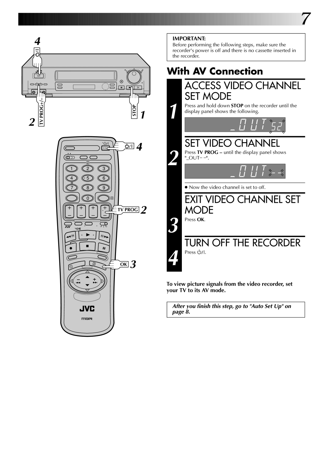 JVC HR-DD845EK Access Video Channel SET Mode, SET Video Channel, Exit Video Channel SET Mode, With AV Connection 