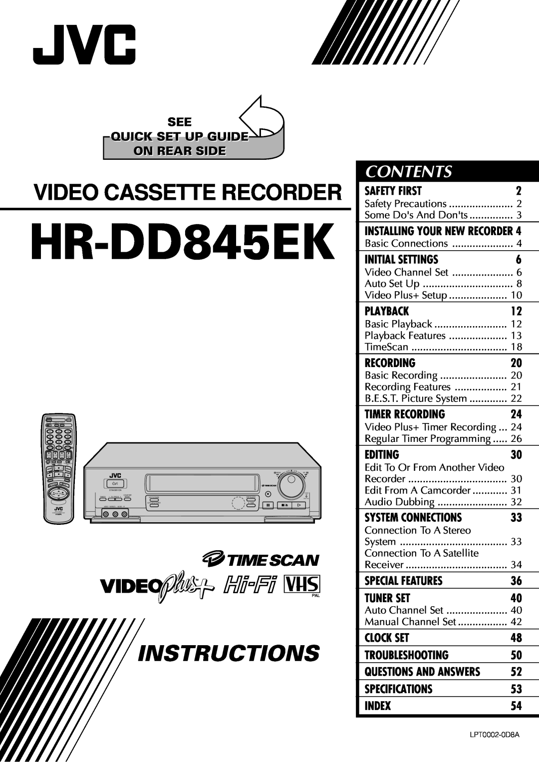 JVC HR-DD845EK setup guide Video Cassette Recorder, Instructions, Contents 