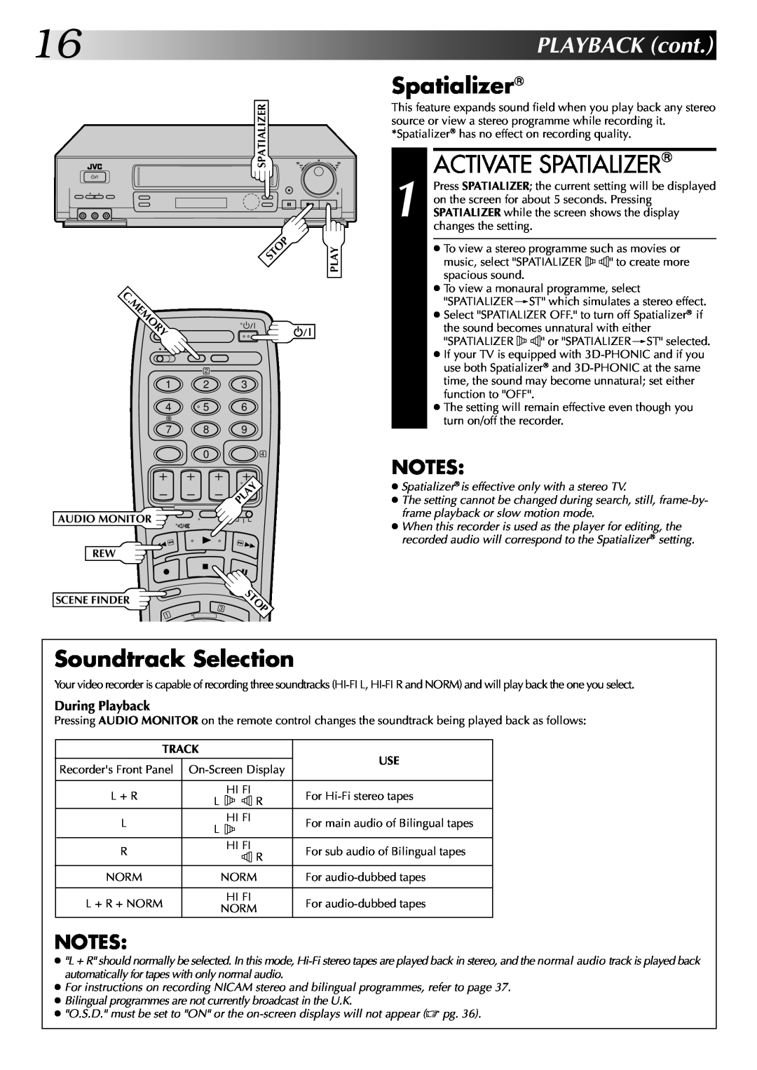 JVC HR-DD845EK setup guide Activate Spatializer, Soundtrack Selection, PLAYBACK cont, Stop, During Playback 