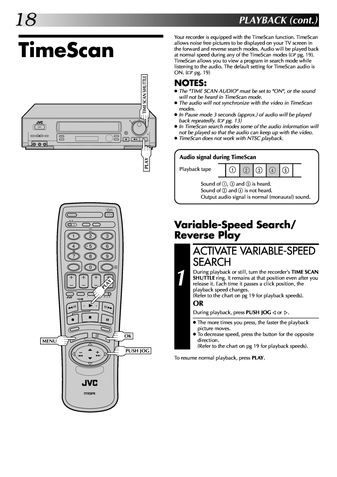 JVC HR-DD845EK setup guide TimeScan, Variable-Speed Search/ Reverse Play, Activate Variable-Speed Search, PLAYBACK cont 