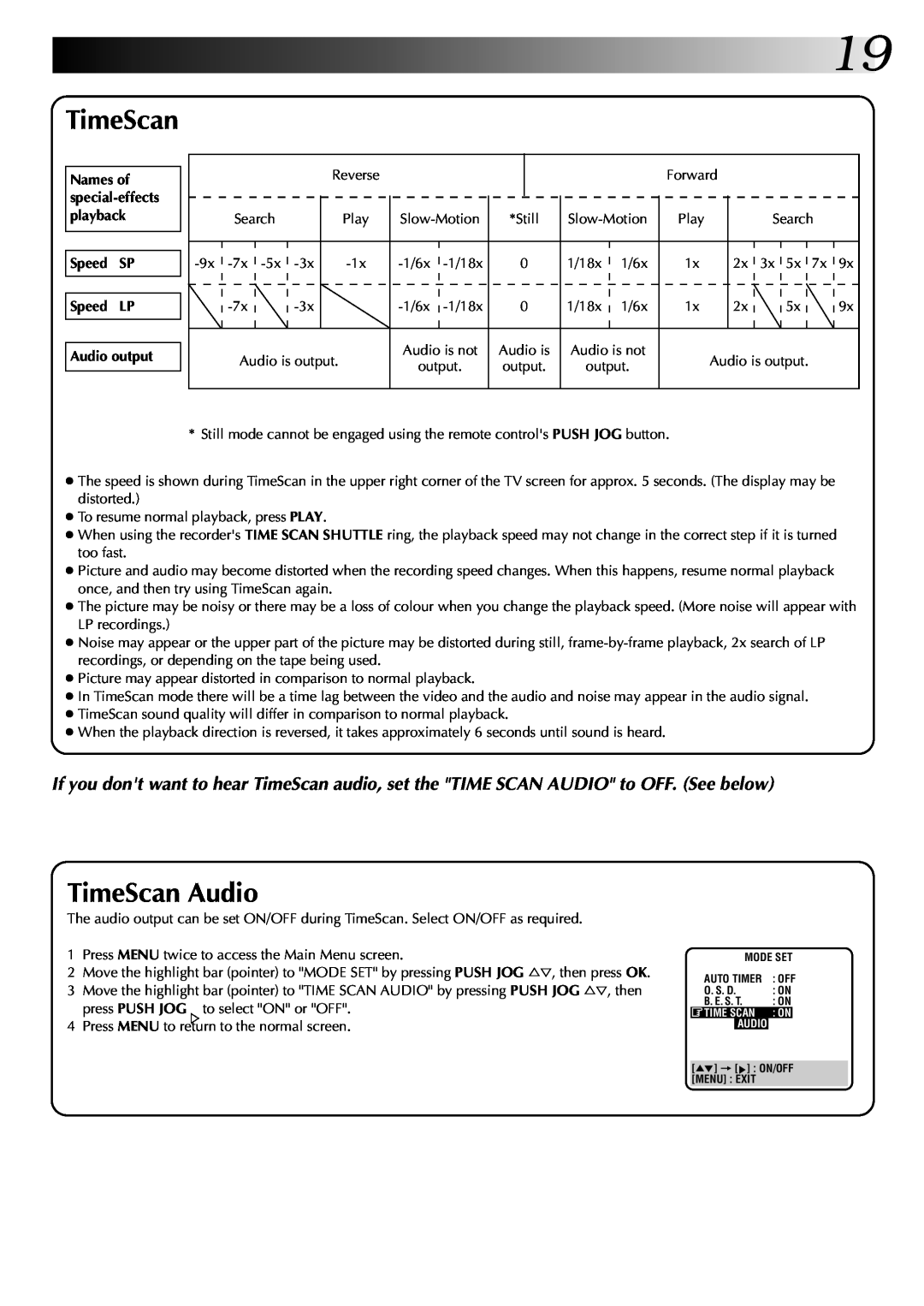 JVC HR-DD845EK setup guide TimeScan Audio, Speed SP Speed LP Audio output 
