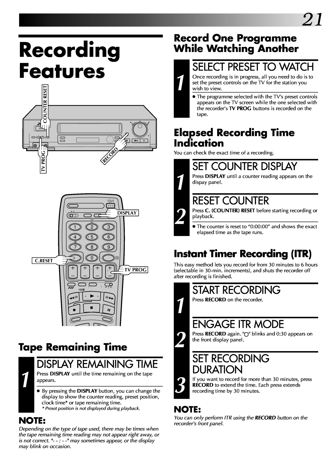 JVC HR-DD845EK setup guide Recording Features, Select Preset To Watch, Set Counter Display, Reset Counter, Engage Itr Mode 