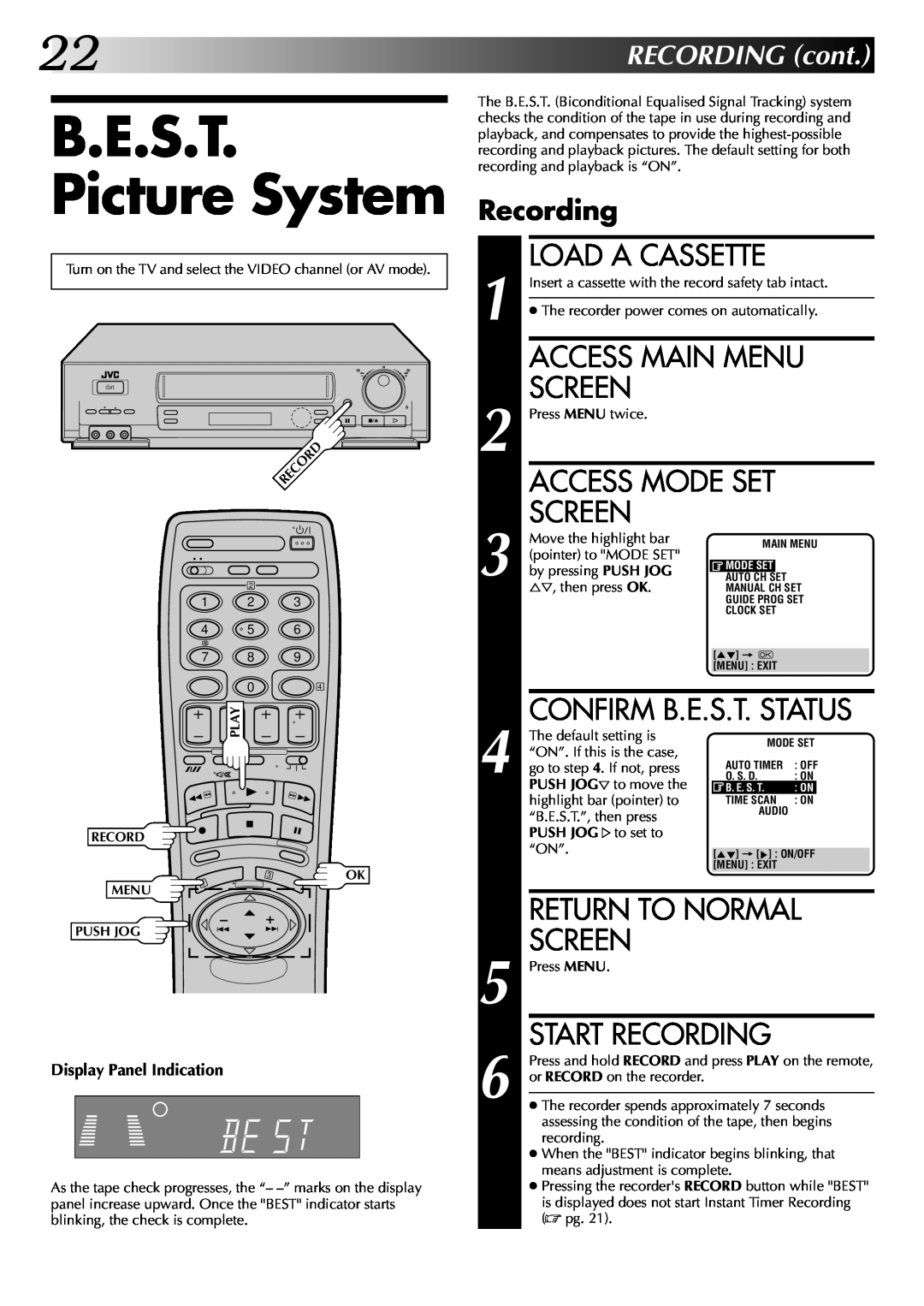 JVC HR-DD845EK B.E.S.T. Picture System, Load A Cassette, Access Main Menu, Return To Normal, Start Recording, Screen 