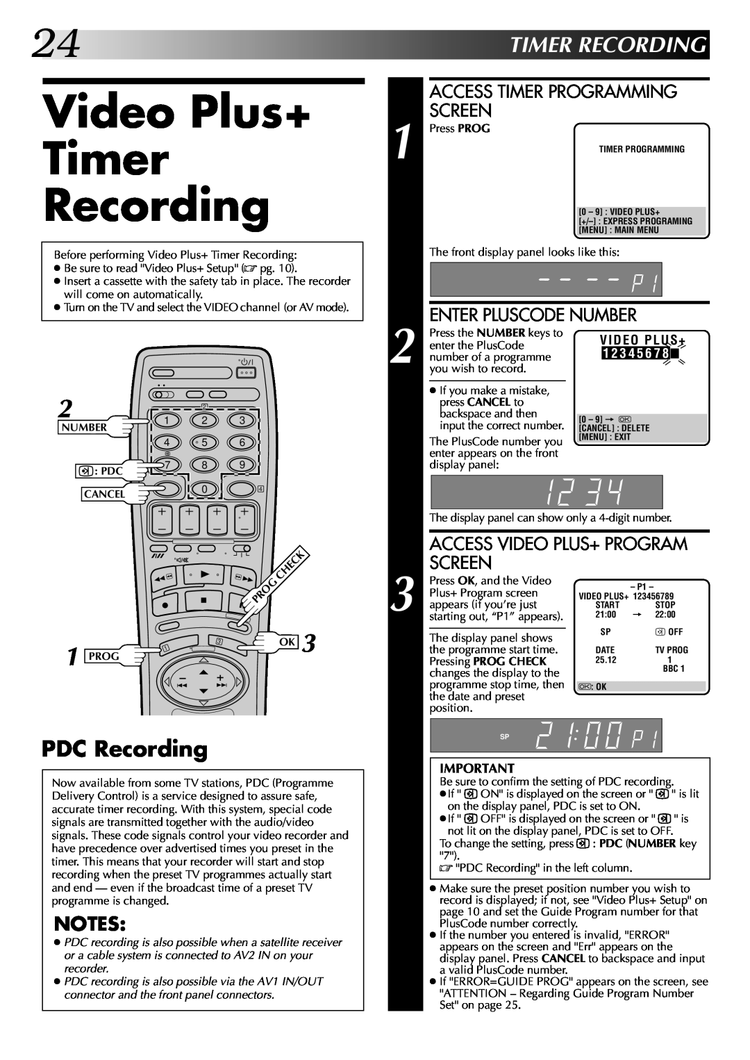 JVC HR-DD845EK Video Plus+ Timer Recording, Timerrecording, PDC Recording, Access Timer Programming Screen, Video Plu S + 