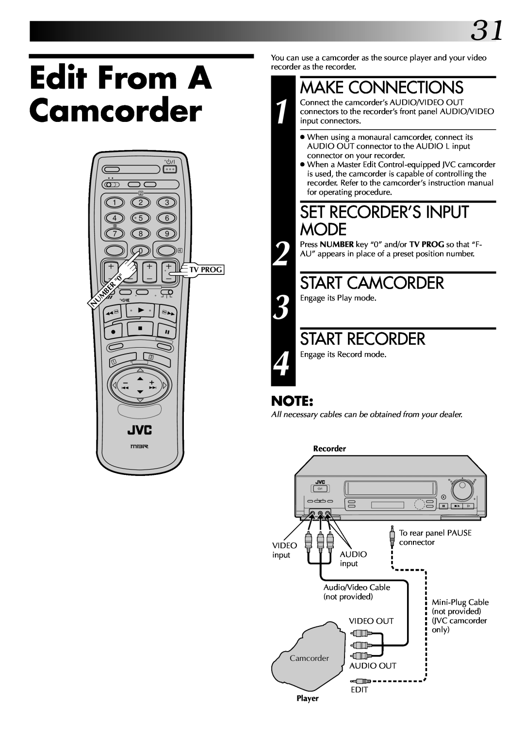JVC HR-DD845EK Edit From A Camcorder, Set Recorder’S Input Mode, Start Camcorder, Start Recorder, Make Connections 