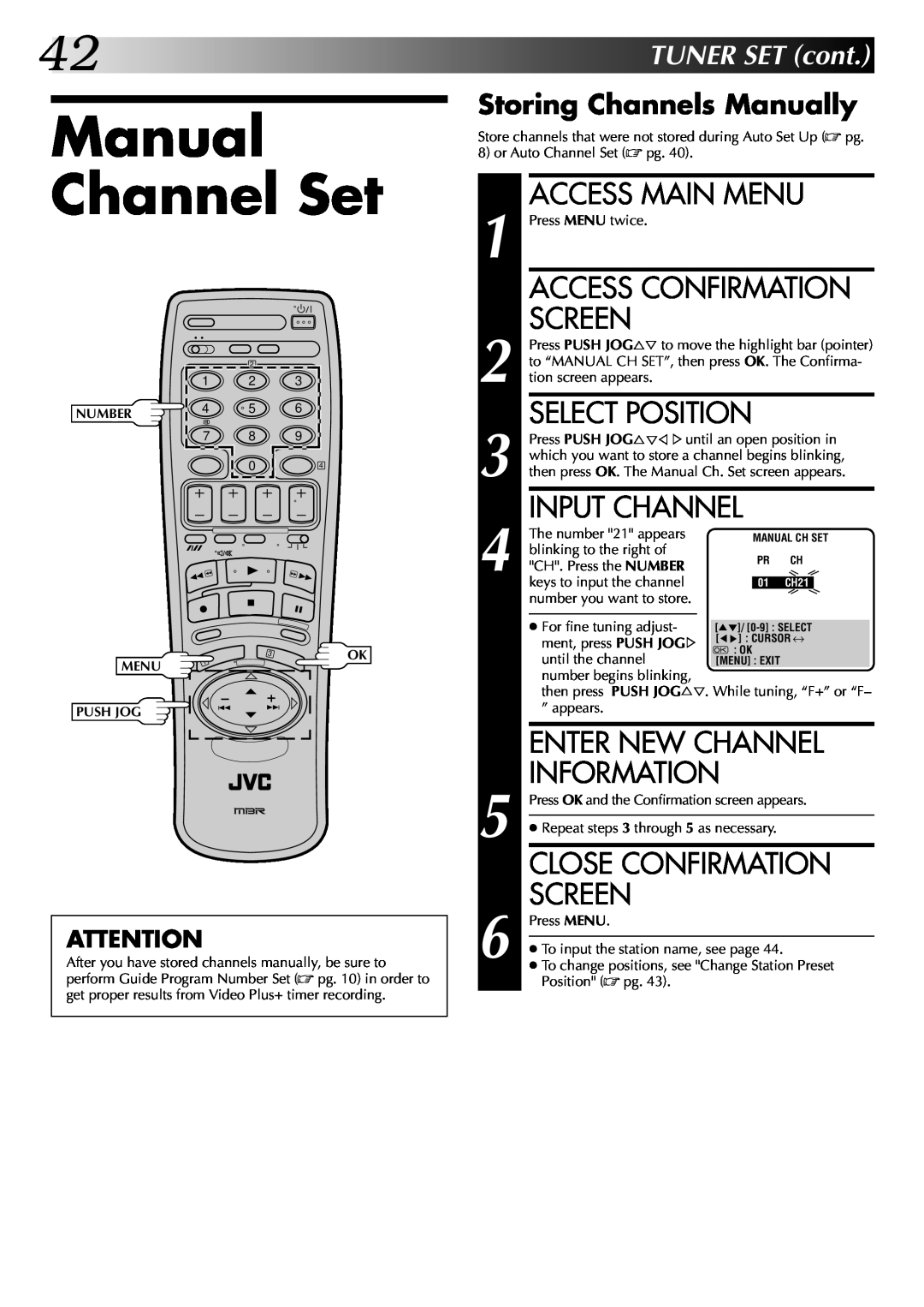 JVC HR-DD845EK Manual Channel Set, Access Confirmation, Select Position, Input Channel, Enter New Channel, 42TUNERSETcont 