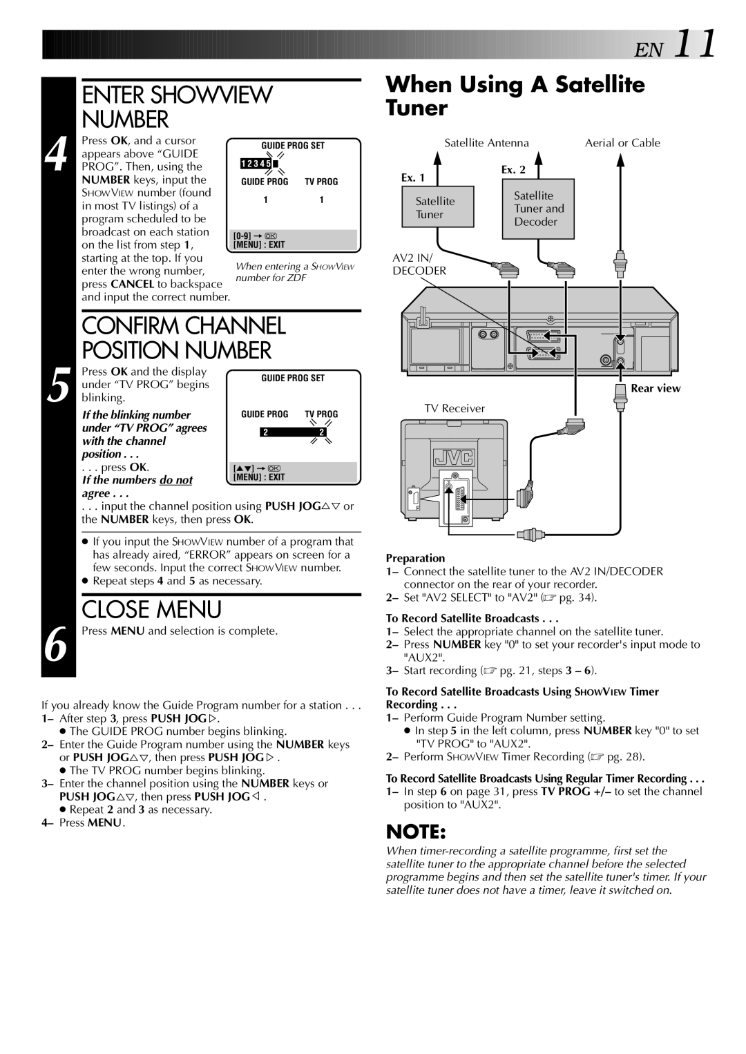 JVC HR-DD848E specifications Enter Showview, Confirm Channel Position Number, Close Menu, When Using a Satellite Tuner 