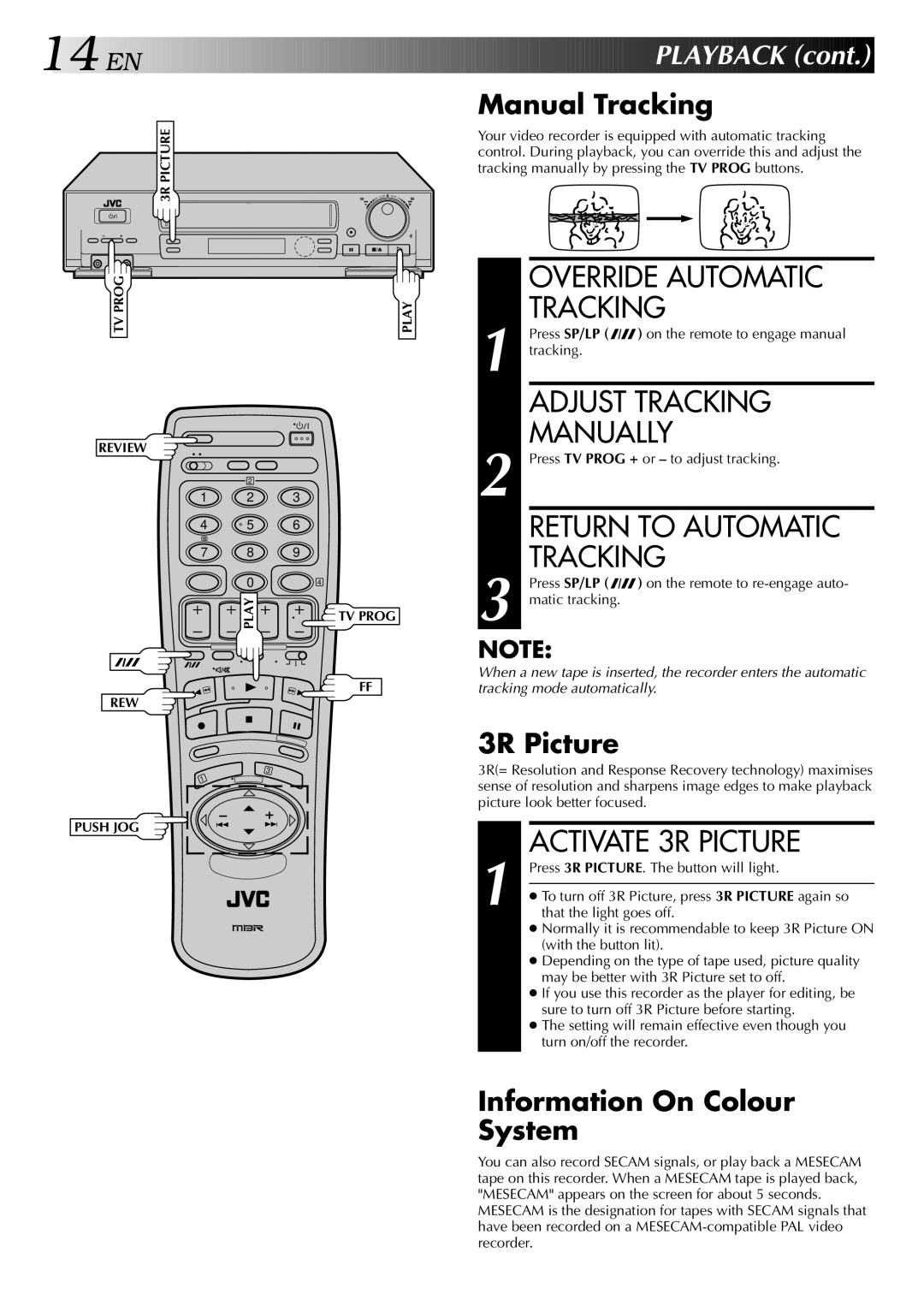 JVC HR-DD848E Override Automatic Tracking, Adjust Tracking, Manually, Return to Automatic, Activate 3R Picture 