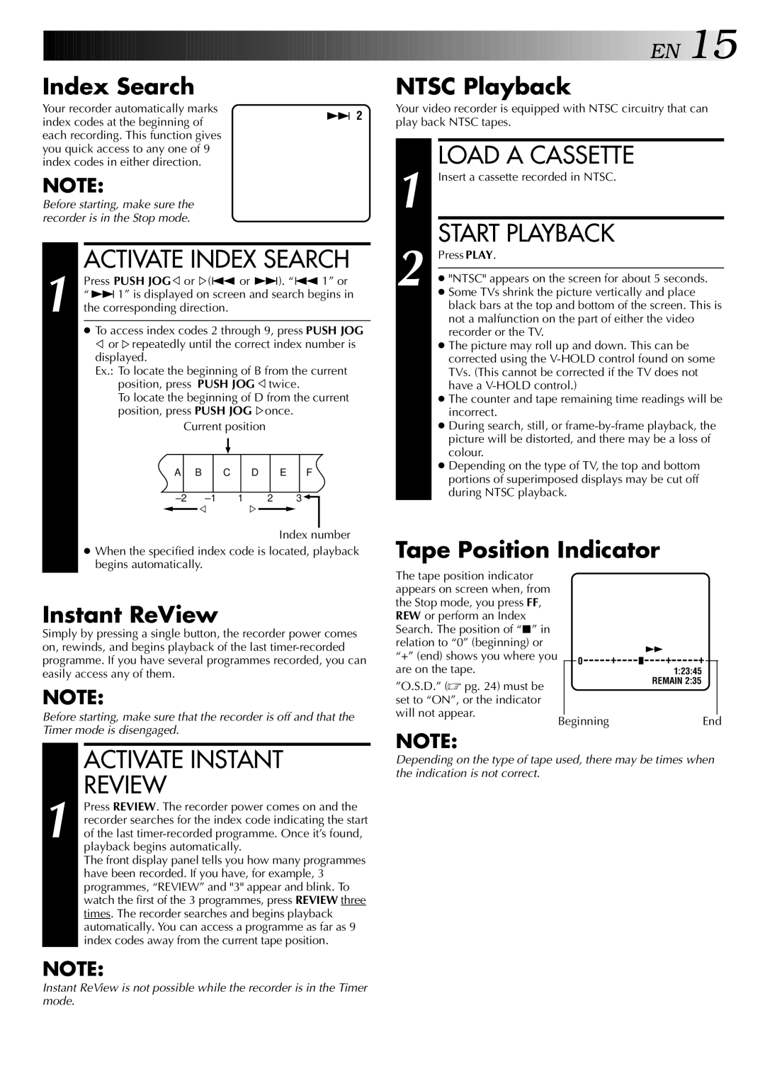 JVC HR-DD848E specifications Activate Instant Review, Ntsc Playback, Instant ReView 