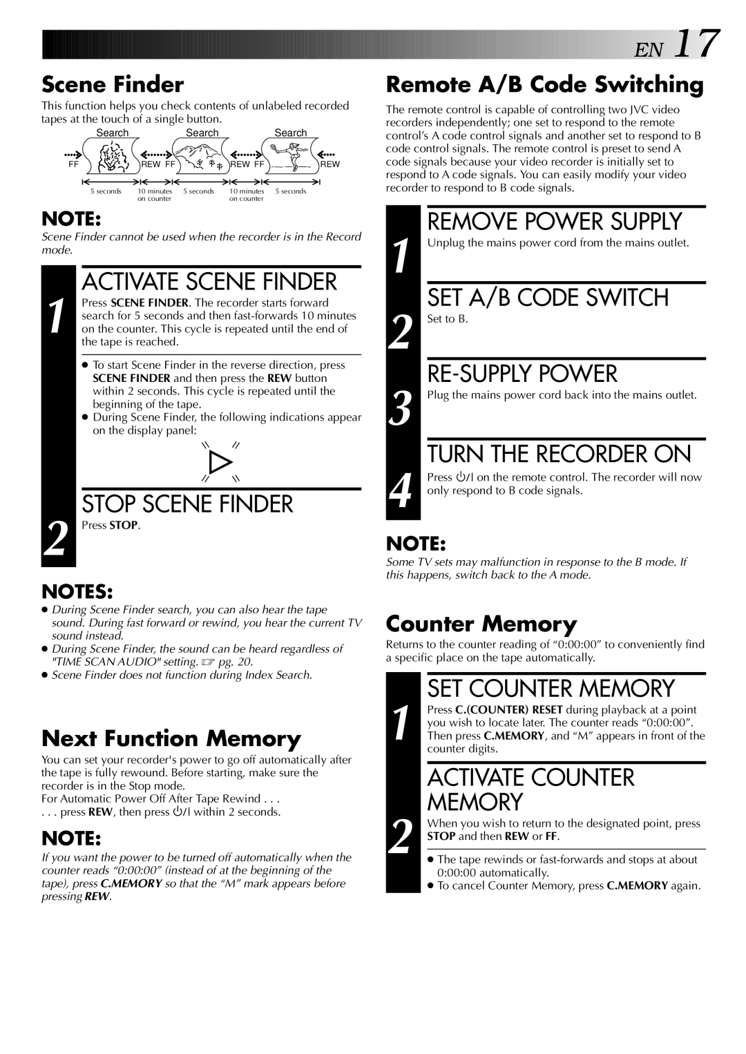 JVC HR-DD848E Activate Scene Finder, Stop Scene Finder, SET A/B Code Switch, RE-SUPPLY Power, SET Counter Memory 