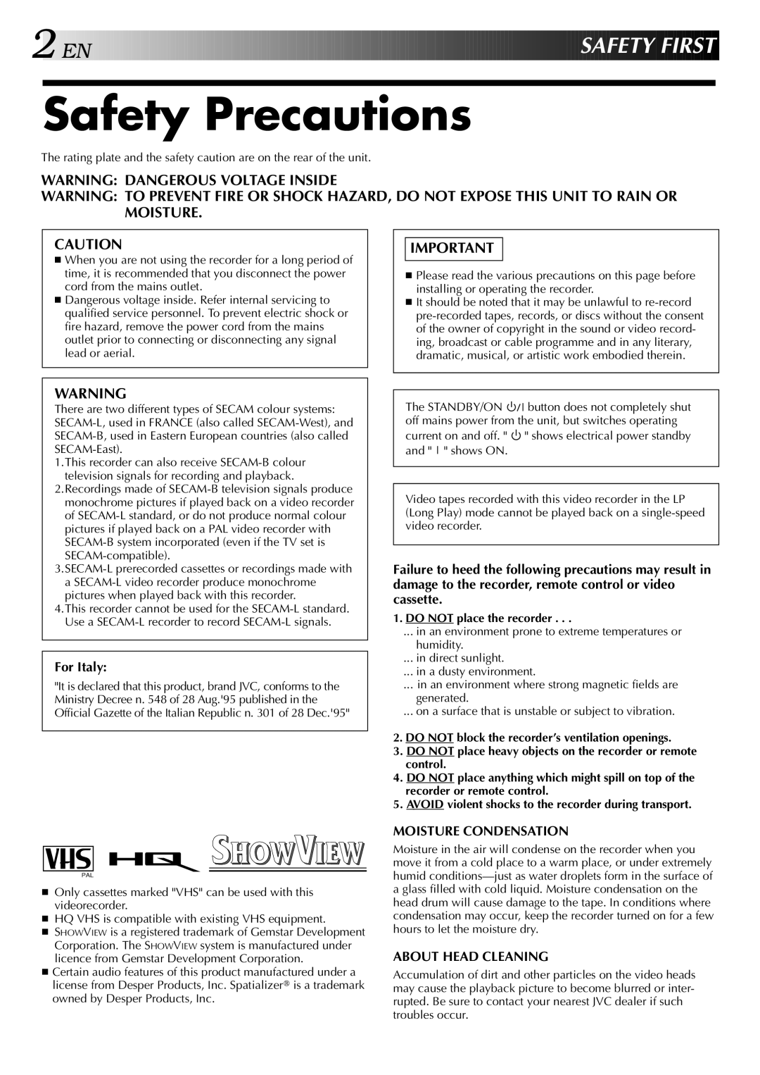 JVC HR-DD848E specifications Safety Precautions, For Italy, Do not place the recorder 