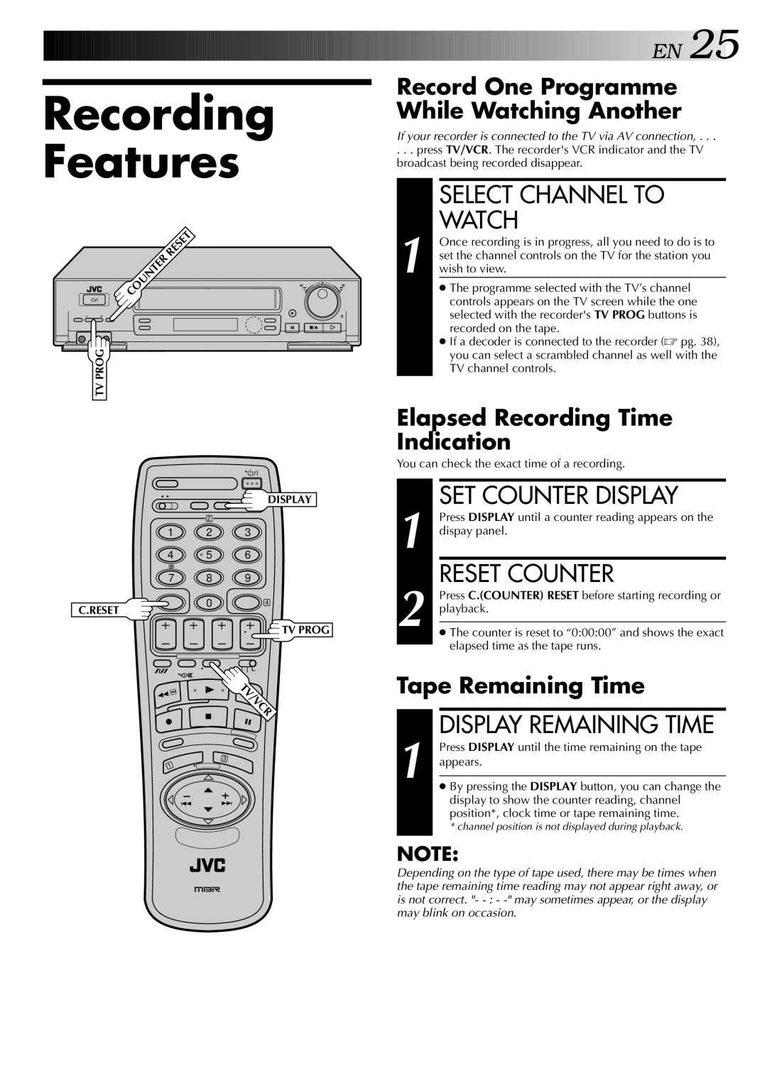 JVC HR-DD848E specifications Select Channel to, Watch, SET Counter Display, Reset Counter, Display Remaining Time 