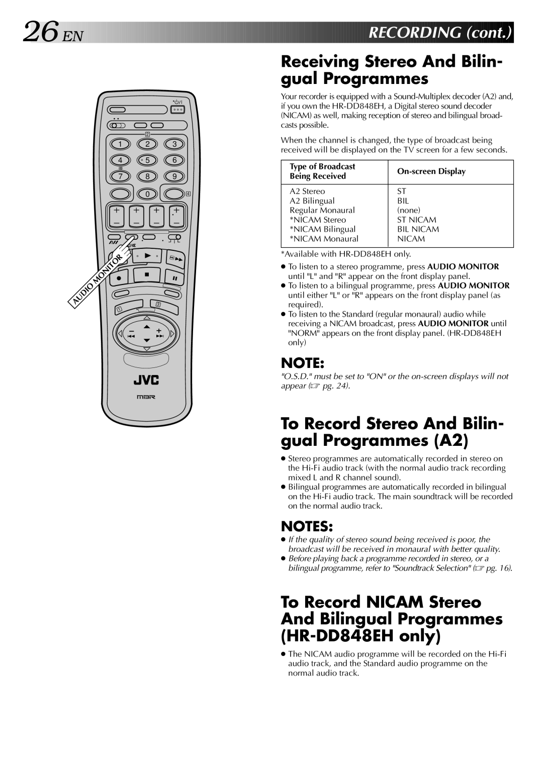 JVC HR-DD848E specifications Receiving Stereo And Bilin- gual Programmes, To Record Stereo And Bilin- gual Programmes A2 