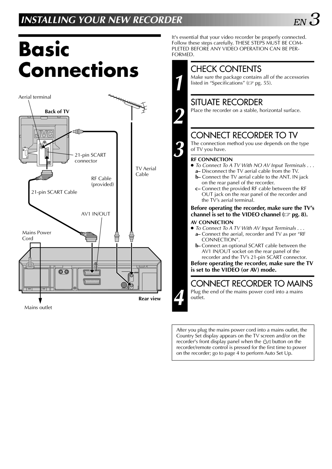 JVC HR-DD848E Basic Connections, Installing Your NEW Record ER EN, Channel is set to the Video channel pg, Back of TV 