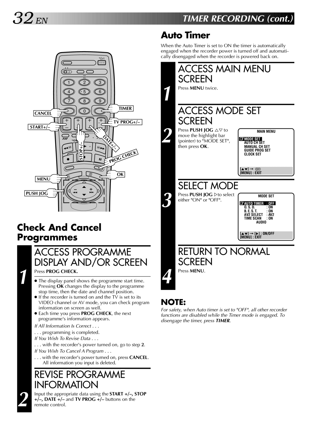 JVC HR-DD848E specifications Access Programme, Revise Programme, Information, Auto Timer, Check And Cancel Programmes 