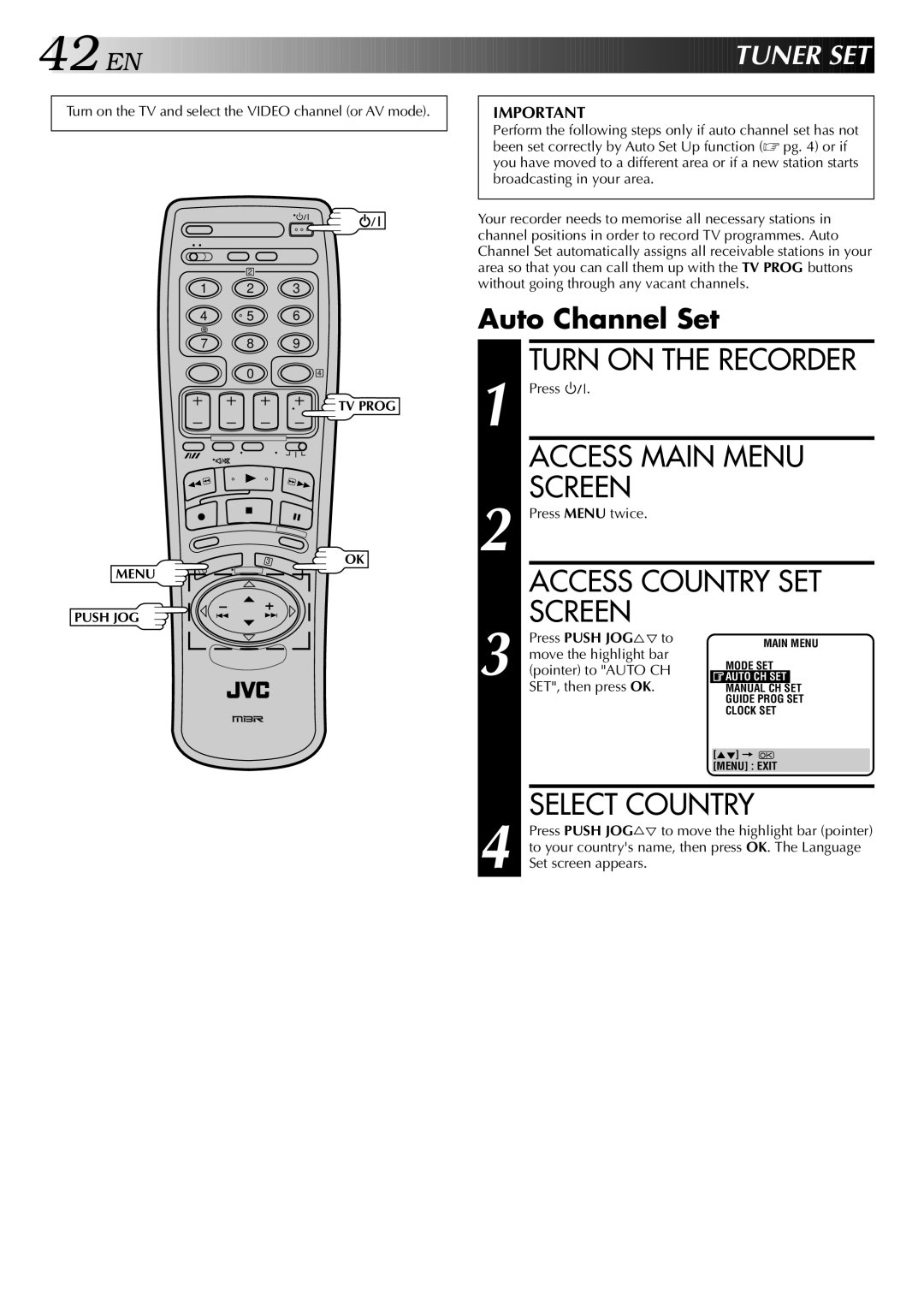 JVC HR-DD848E specifications Access Country SET, Tuner SET, Auto Channel Set 