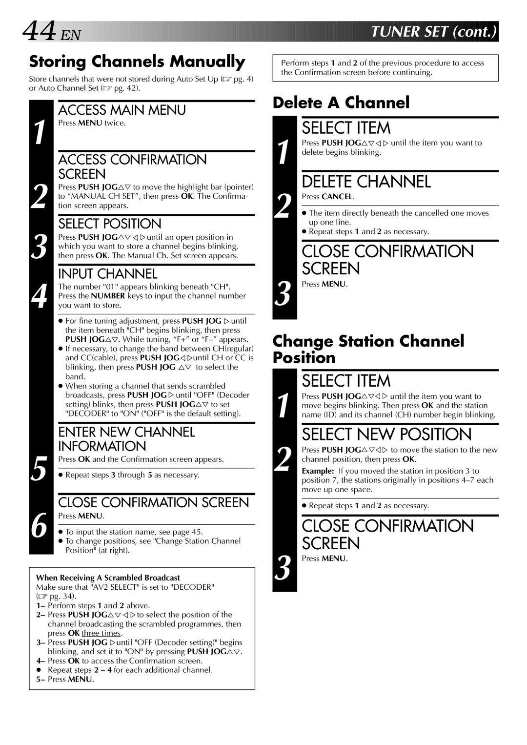 JVC HR-DD848E specifications Select Item, Delete Channel, Select NEW Position, Close Confirmation, EN Tuner SET 