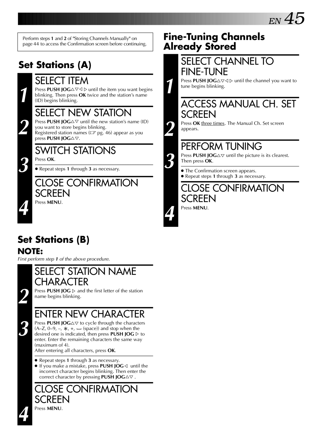 JVC HR-DD848E Select NEW Station, Switch Stations, Select Station Name Character, Fine-Tune, Access Manual CH. SET 