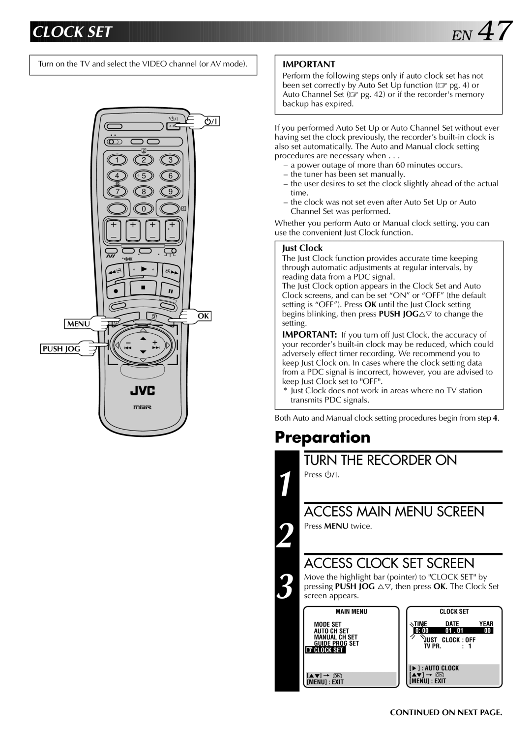 JVC HR-DD848E specifications Preparation, Move the highlight bar pointer to Clock SET by, Screen appears 