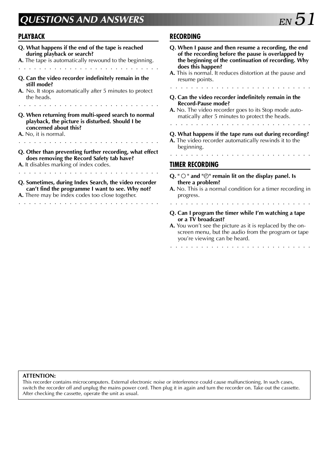 JVC HR-DD848E specifications Questions and Answer S E N, Ä remain lit on the display panel. Is there a problem? 